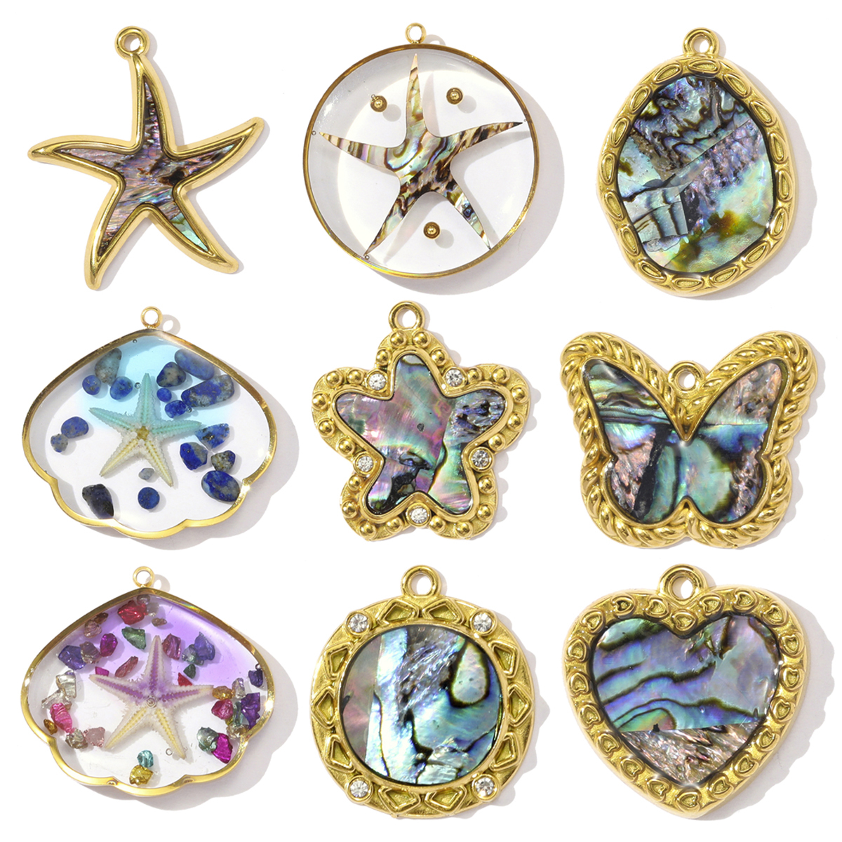 6pcs/pack French Stainless Steel Abalone Love Heart Star DIY Earring Charms Butterfly Necklace Pendant Women Enamel Starfish Jewelry