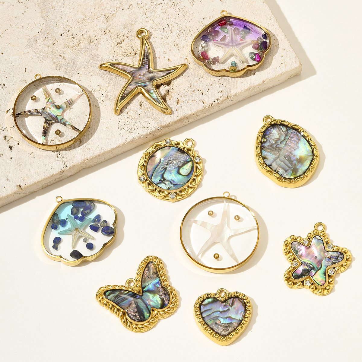 6pcs/pack French Stainless Steel Abalone Love Heart Star DIY Earring Charms Butterfly Necklace Pendant Women Enamel Starfish Jewelry