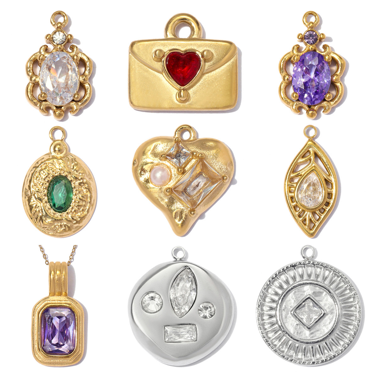 6pcs/pack Stainless Steel Flower Zircon DIY Charms Rhinestone Envelope Heart Necklace Pendants Woman Leaf Round Jewelry Wholesale