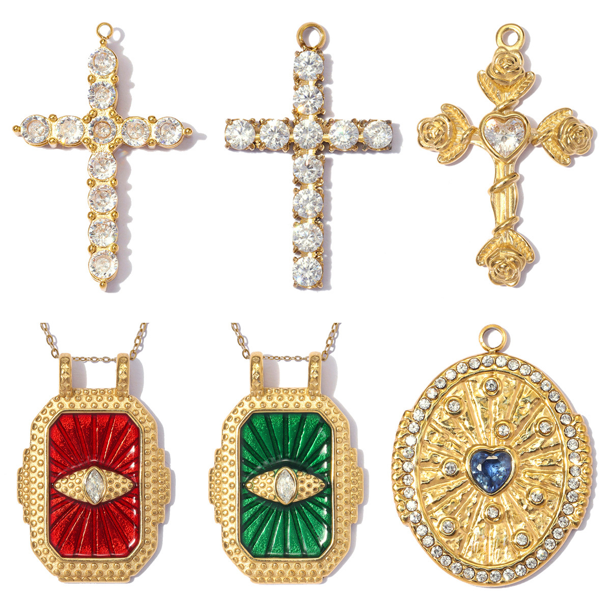 6pcs/pack Stainless Steel Zircon Cross Rose DIY Charms Evil Eye Square Card Necklace Pendants Woman Oval Heart Jewelry Wholesale