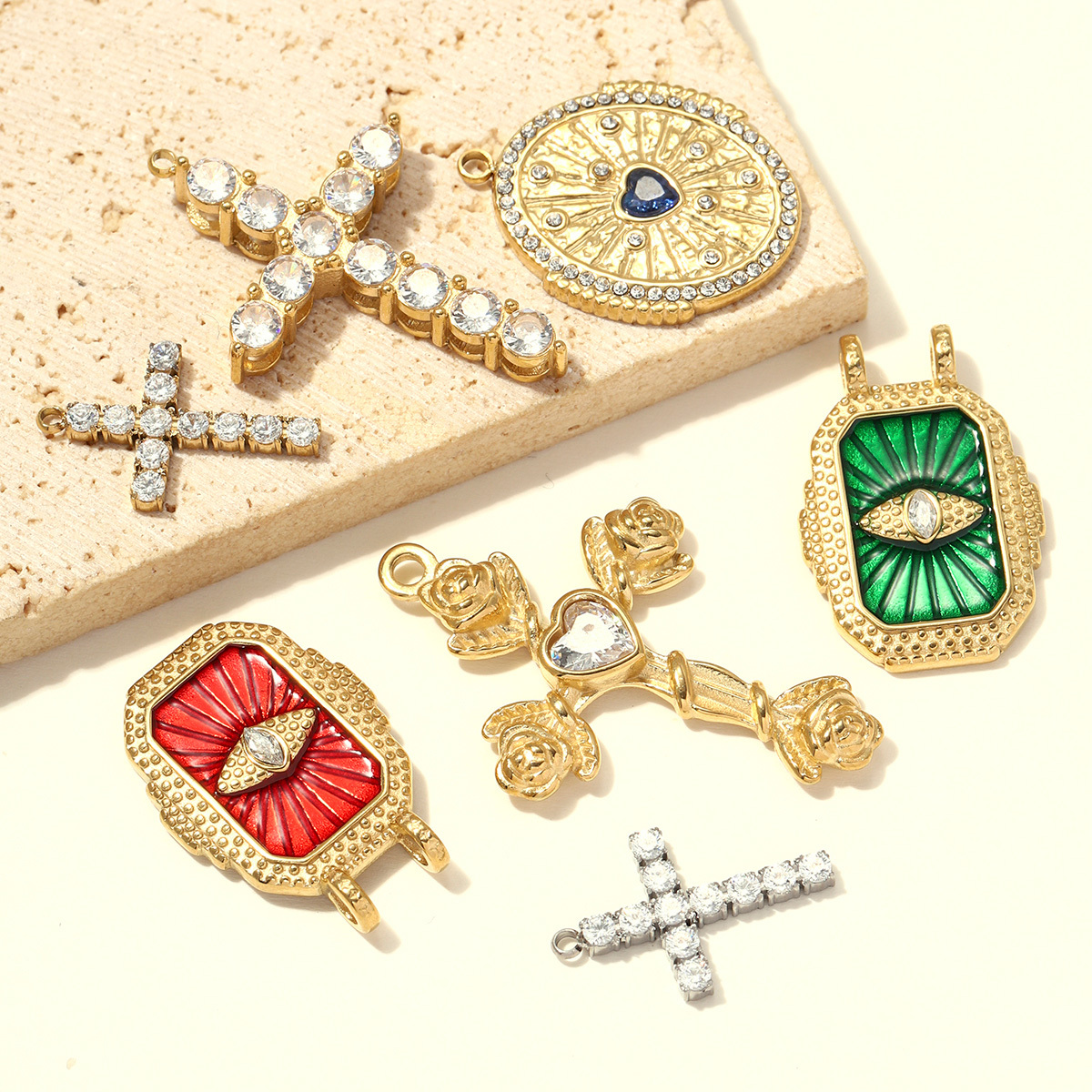 6pcs/pack Stainless Steel Zircon Cross Rose DIY Charms Evil Eye Square Card Necklace Pendants Woman Oval Heart Jewelry Wholesale