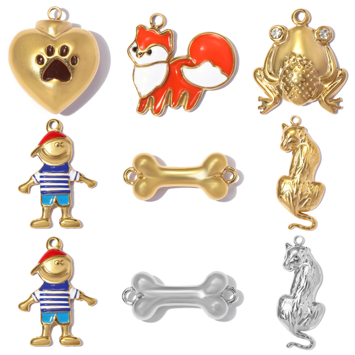6pcs/pack Stainless Steel Enamel Boy Fox DIY Earring Charms Dog Paw Bone Necklace Pendants Woman Forg Leopard Jewelry Wholesale