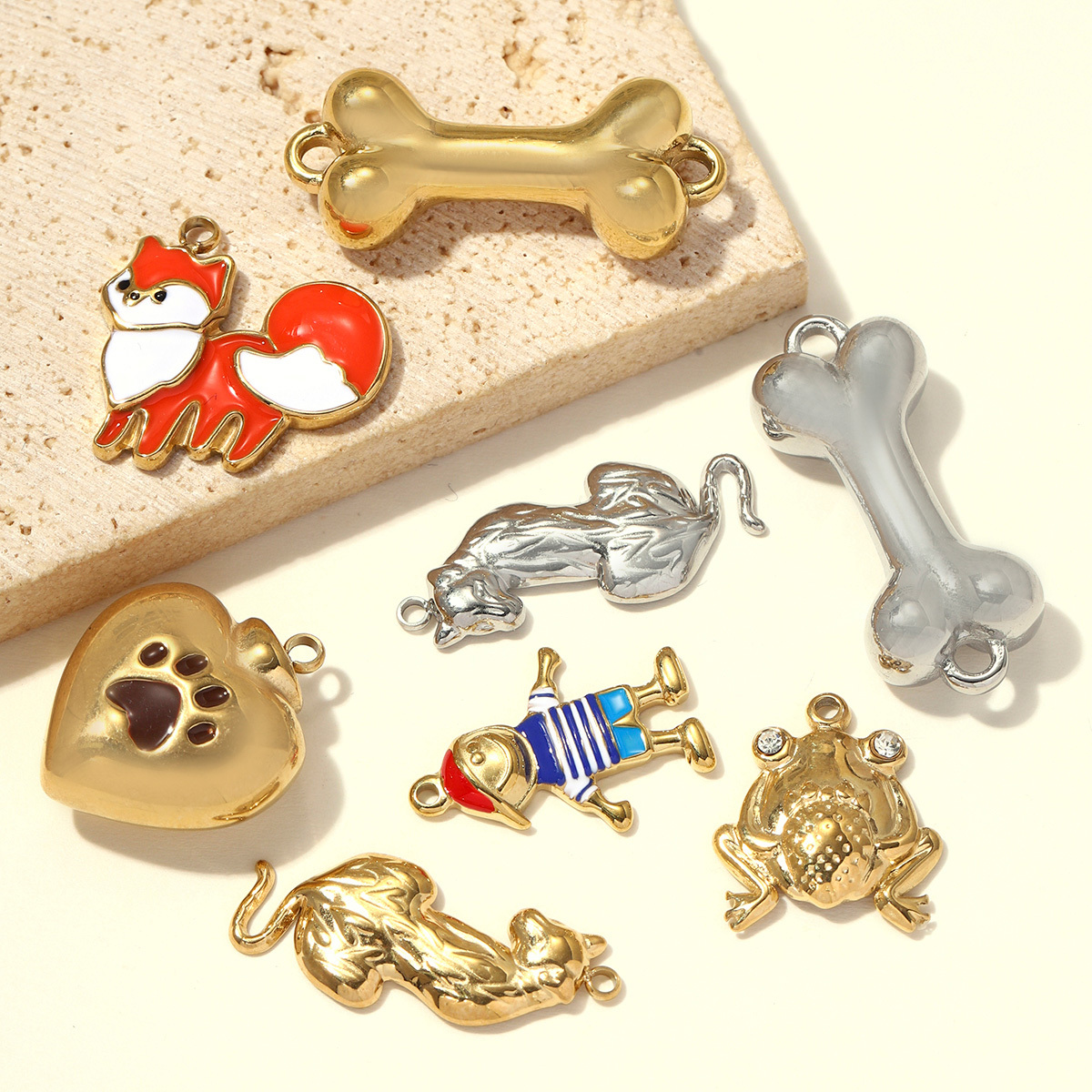 6pcs/pack Stainless Steel Enamel Boy Fox DIY Earring Charms Dog Paw Bone Necklace Pendants Woman Forg Leopard Jewelry Wholesale