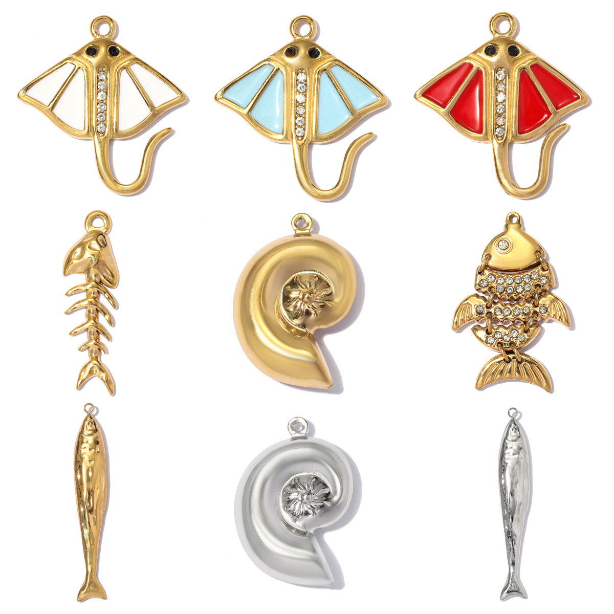 6pcs/pack Stainless Steel Rhinestone Fish Conch DIY Earring Charms Devil Ray Necklace Pendants Woman Fishbone Jewelry Wholesale