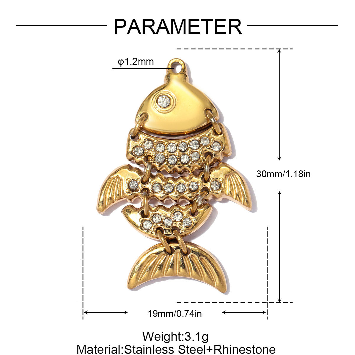 6pcs/pack Stainless Steel Rhinestone Fish Conch DIY Earring Charms Devil Ray Necklace Pendants Woman Fishbone Jewelry Wholesale