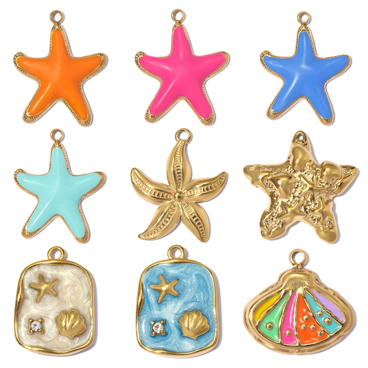 6pcs/pack Fashion Stainless Steel Rainbow Enamel Shell DIY Earring Charms Starfish Necklace Pendants Woman Holiday Jewelry Wholesale