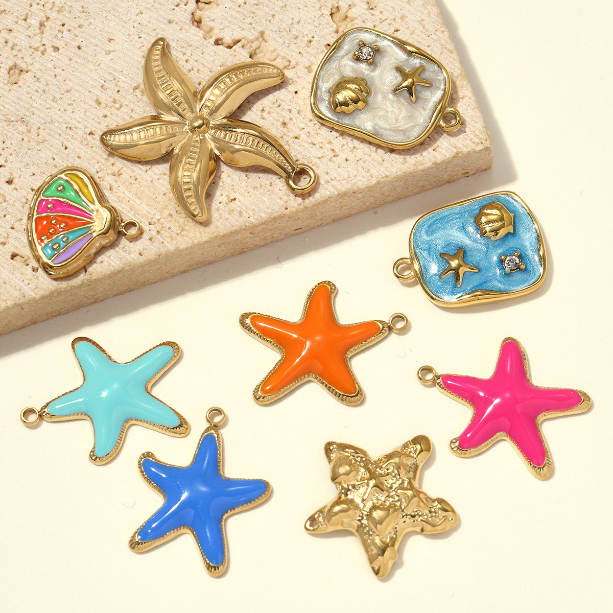 6pcs/pack Fashion Stainless Steel Rainbow Enamel Shell DIY Earring Charms Starfish Necklace Pendants Woman Holiday Jewelry Wholesale