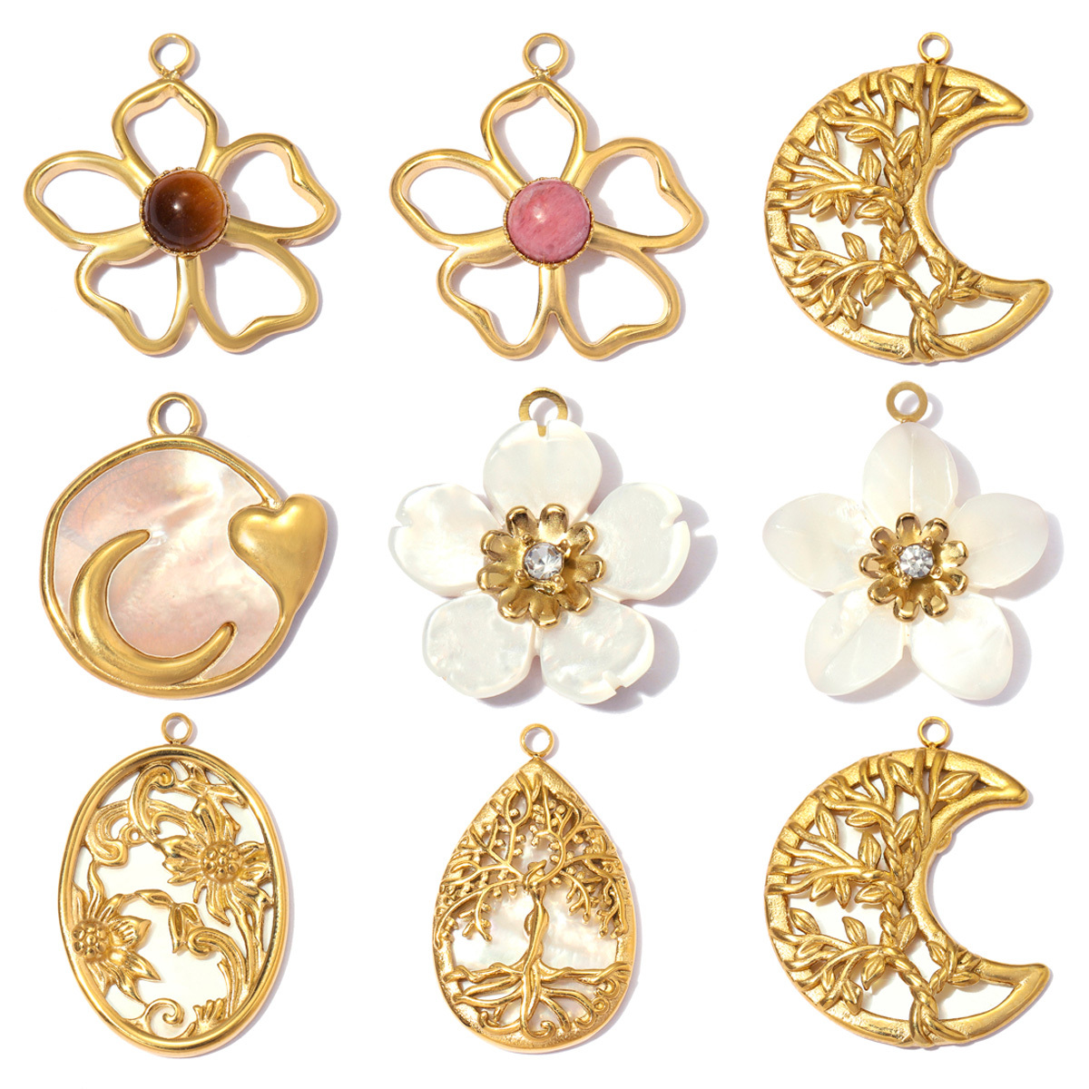 6pcs/pack Stainless Steel Natural Stone Flower DIY Charms Leaf Life Tree Waterdrop Necklace Pendants Woman Moon Jewelry Wholesale