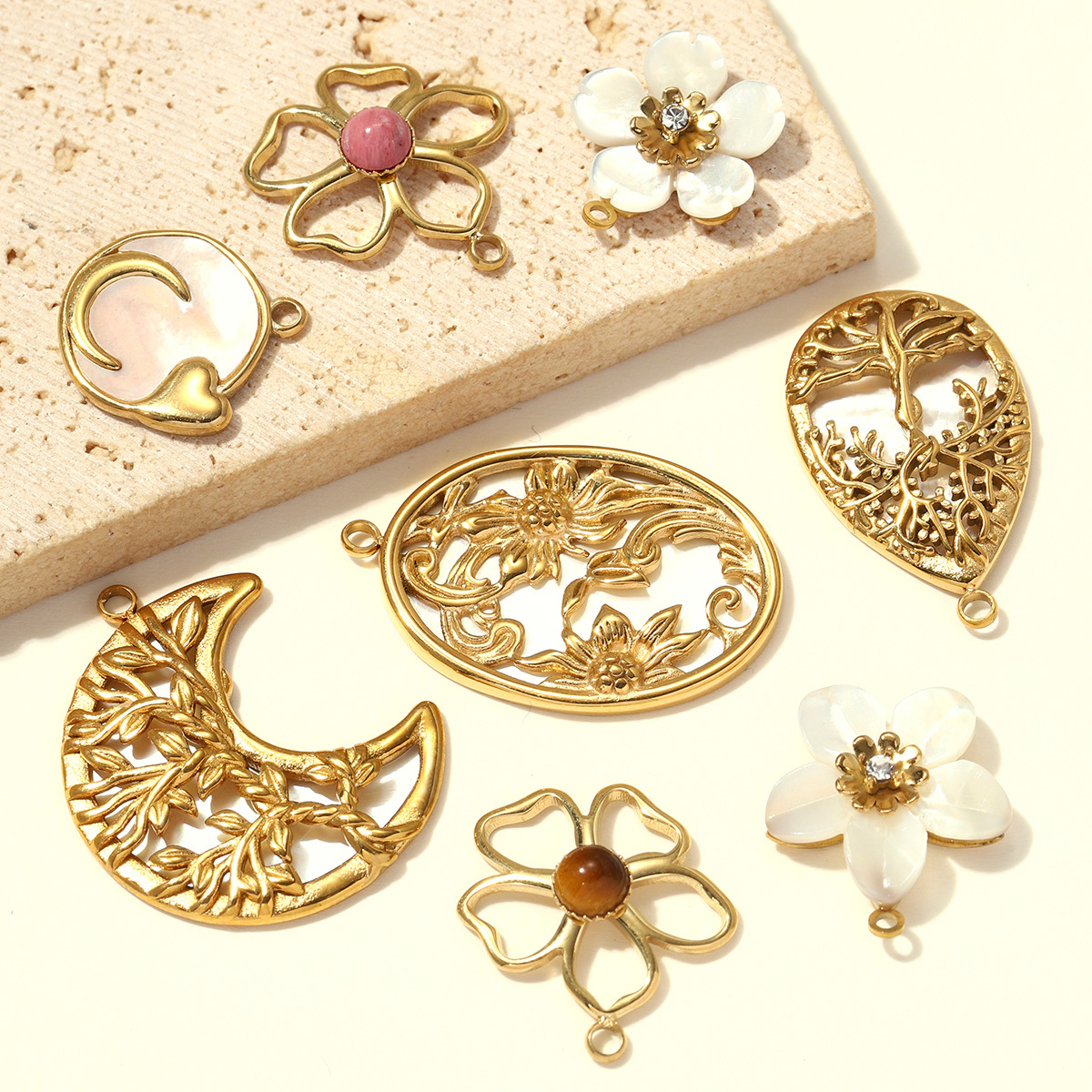 6pcs/pack Stainless Steel Natural Stone Flower DIY Charms Leaf Life Tree Waterdrop Necklace Pendants Woman Moon Jewelry Wholesale