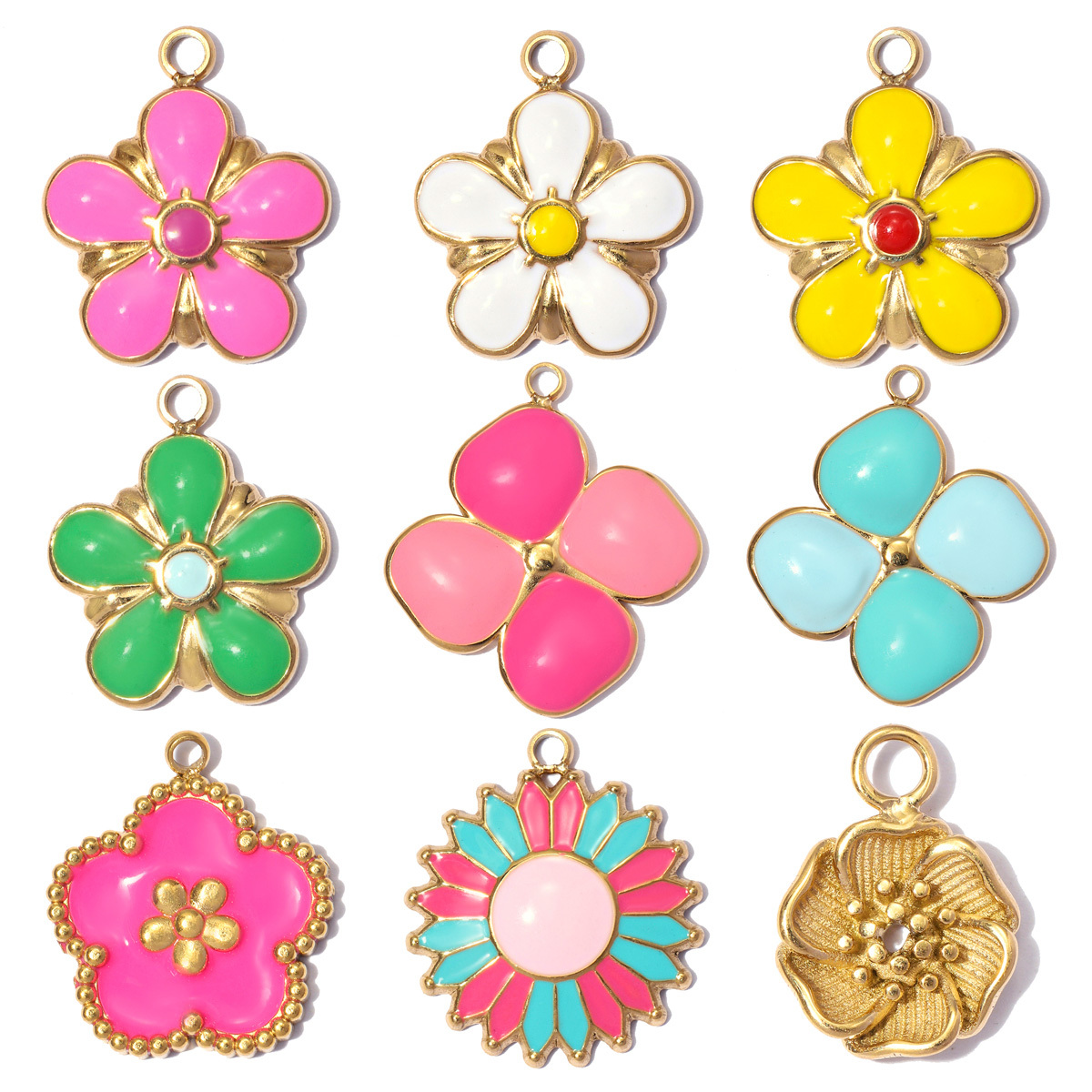 6pcs/pack Stainless Steel Enamel Flower DIY Bracelet Charms Daisy Clover Waterdrop Necklace Pendants Woman Sunflower Jewelry Wholesale