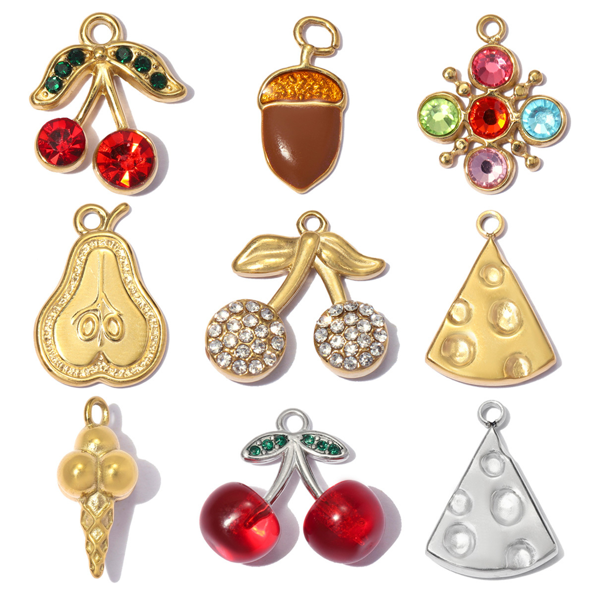 6pcs/pack Stainless Steel Resin Cherry DIY Bracelet Charms Cheese Ice Cream Cone Necklace Pendants Woman Hazelnut Shoe Accessory
