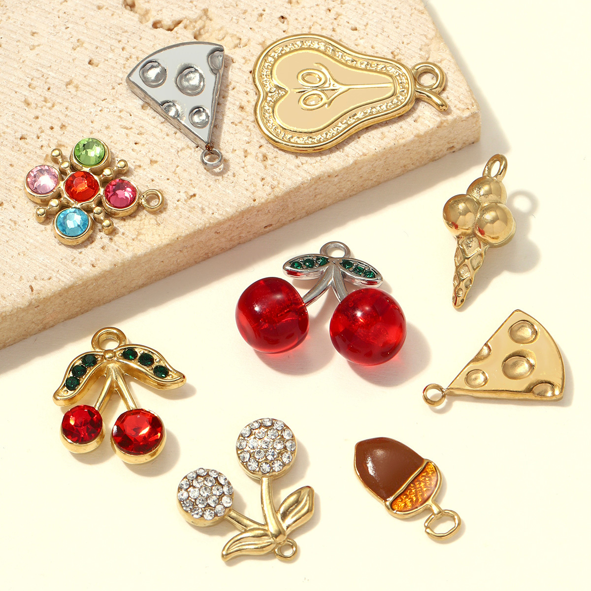 6pcs/pack Stainless Steel Resin Cherry DIY Bracelet Charms Cheese Ice Cream Cone Necklace Pendants Woman Hazelnut Shoe Accessory
