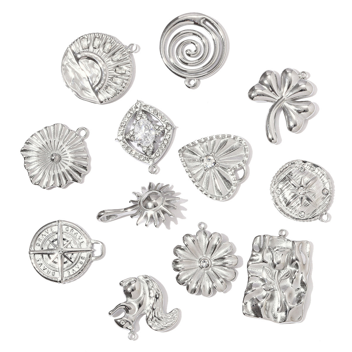 6pcs/pack Fashion Stainless Steel Squarrel Leaf DIY Charms Rhinestone Rose Daisy Necklace Pendants Women Octagram Star Sun Jewelry