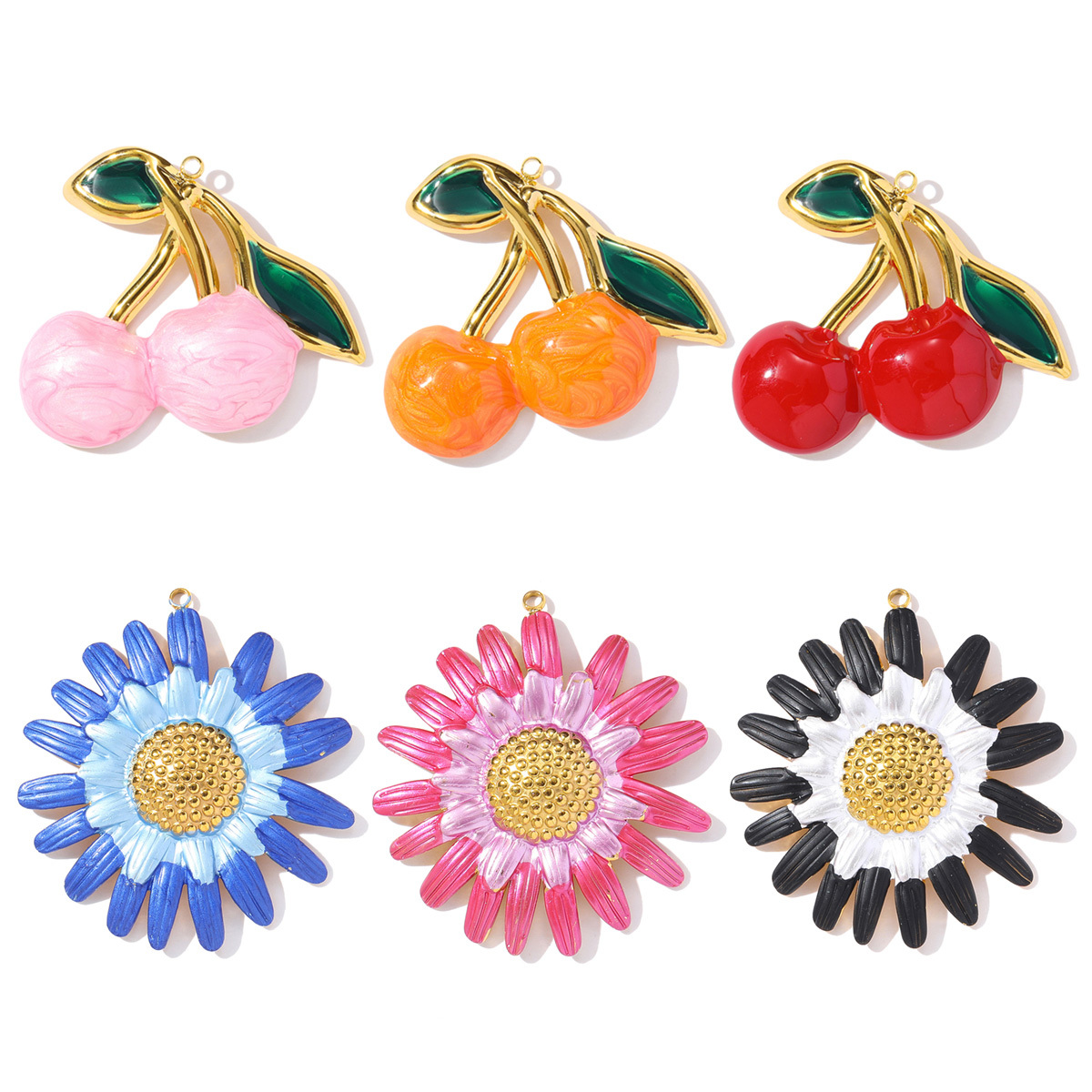 6pcs/pack Retro Stainless Steel Enamel Daisy Sunflower Necklace Pendant Gradient Cherry DIY Earring Charms Woman Fruit Jewelry