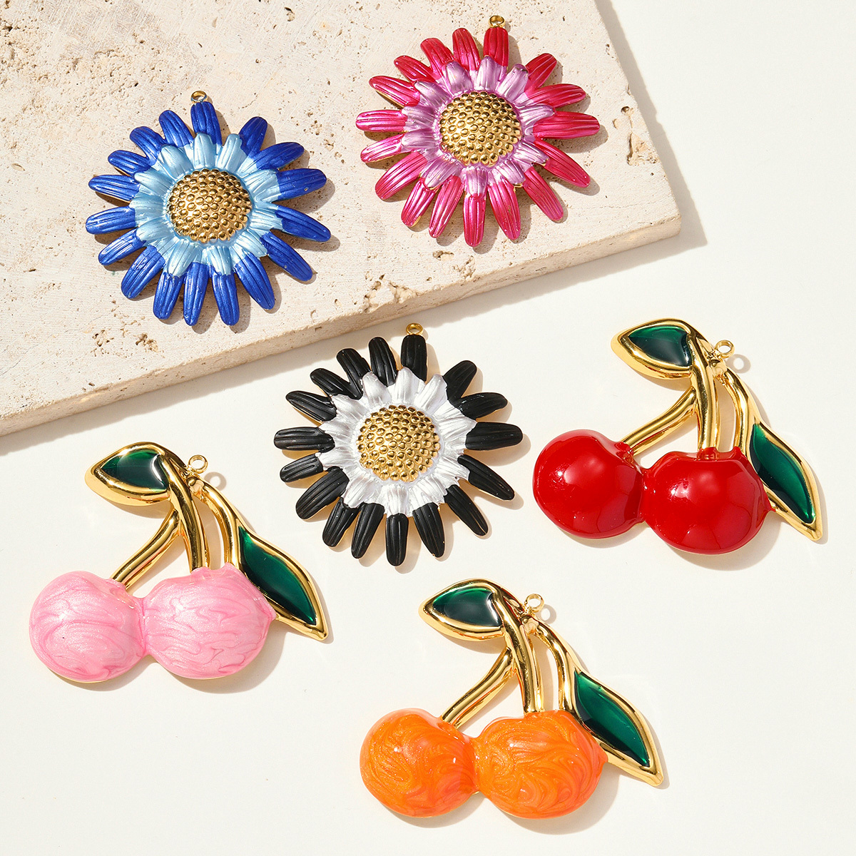 6pcs/pack Retro Stainless Steel Enamel Daisy Sunflower Necklace Pendant Gradient Cherry DIY Earring Charms Woman Fruit Jewelry