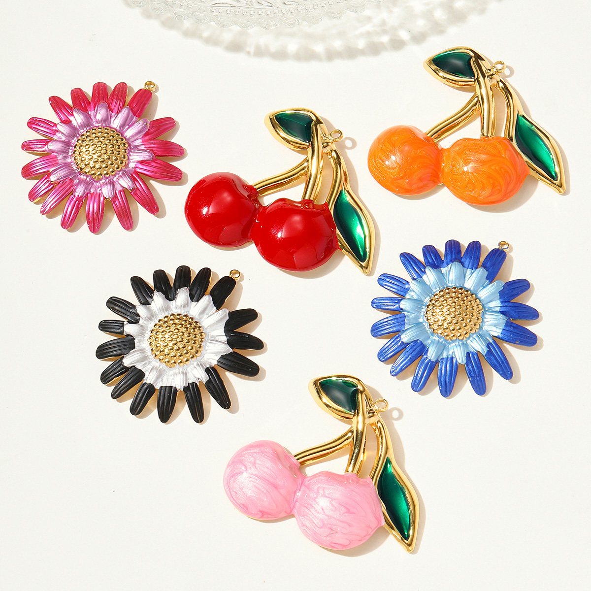 6pcs/pack Retro Stainless Steel Enamel Daisy Sunflower Necklace Pendant Gradient Cherry DIY Earring Charms Woman Fruit Jewelry