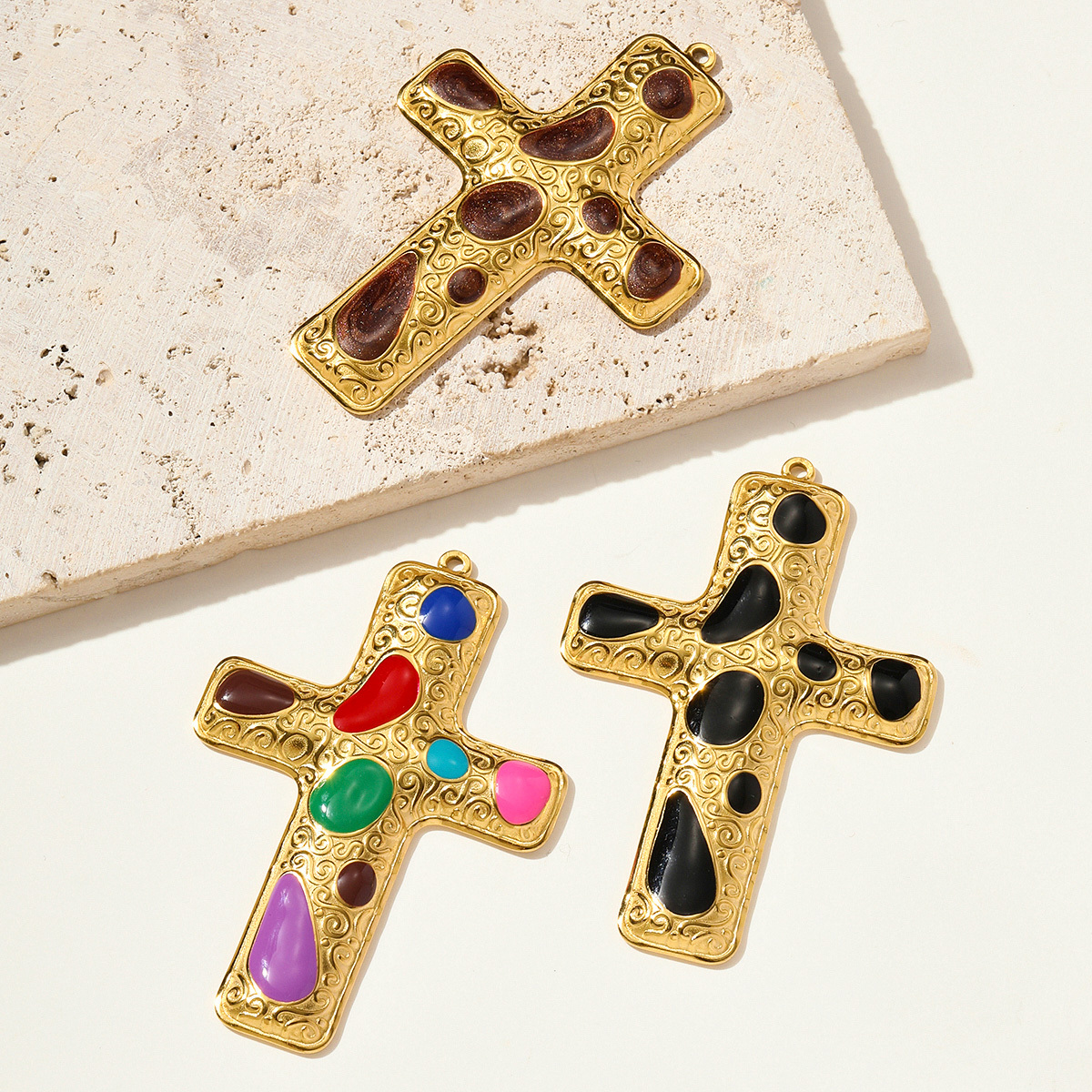 6pcs/pack Retro Stainless Steel Enamel Big Size Cross Necklace Pendant Rainbow Color DIY Earring Charms Woman Religious Jewelry