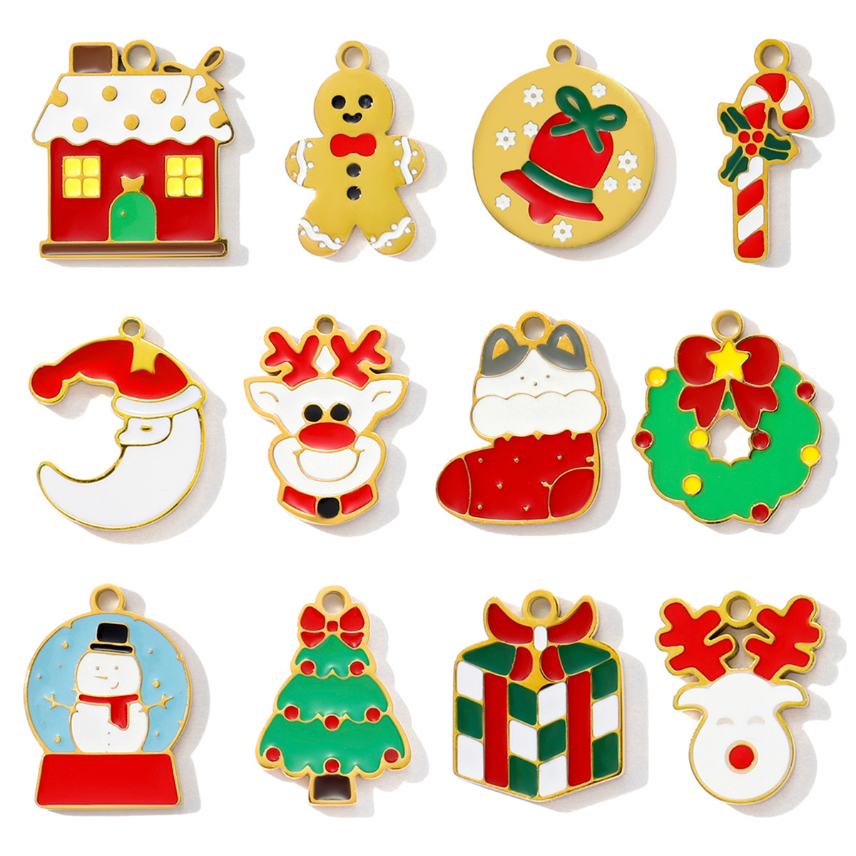6pcs/pack Stainless Steel Enamel Snowman Gift Box Necklace Pendant Elk Deer Bell DIY Charms Woman Christmas Tree Jewelry