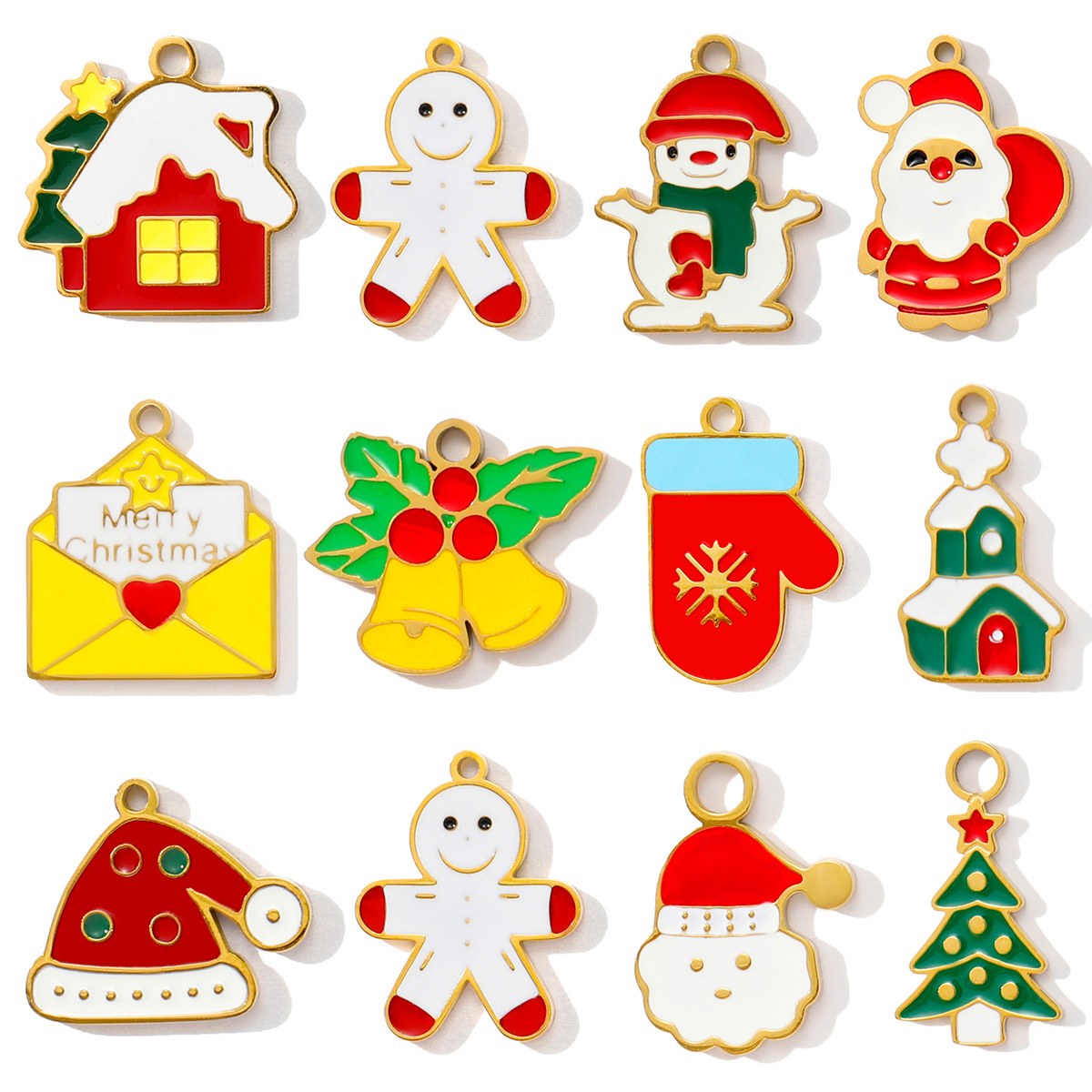 6pcs/pack Stainless Steel Enamel Christmas Tree House Necklace Pendant Santa Claus DIY Charms Woman Gingerbread Man Jewelry
