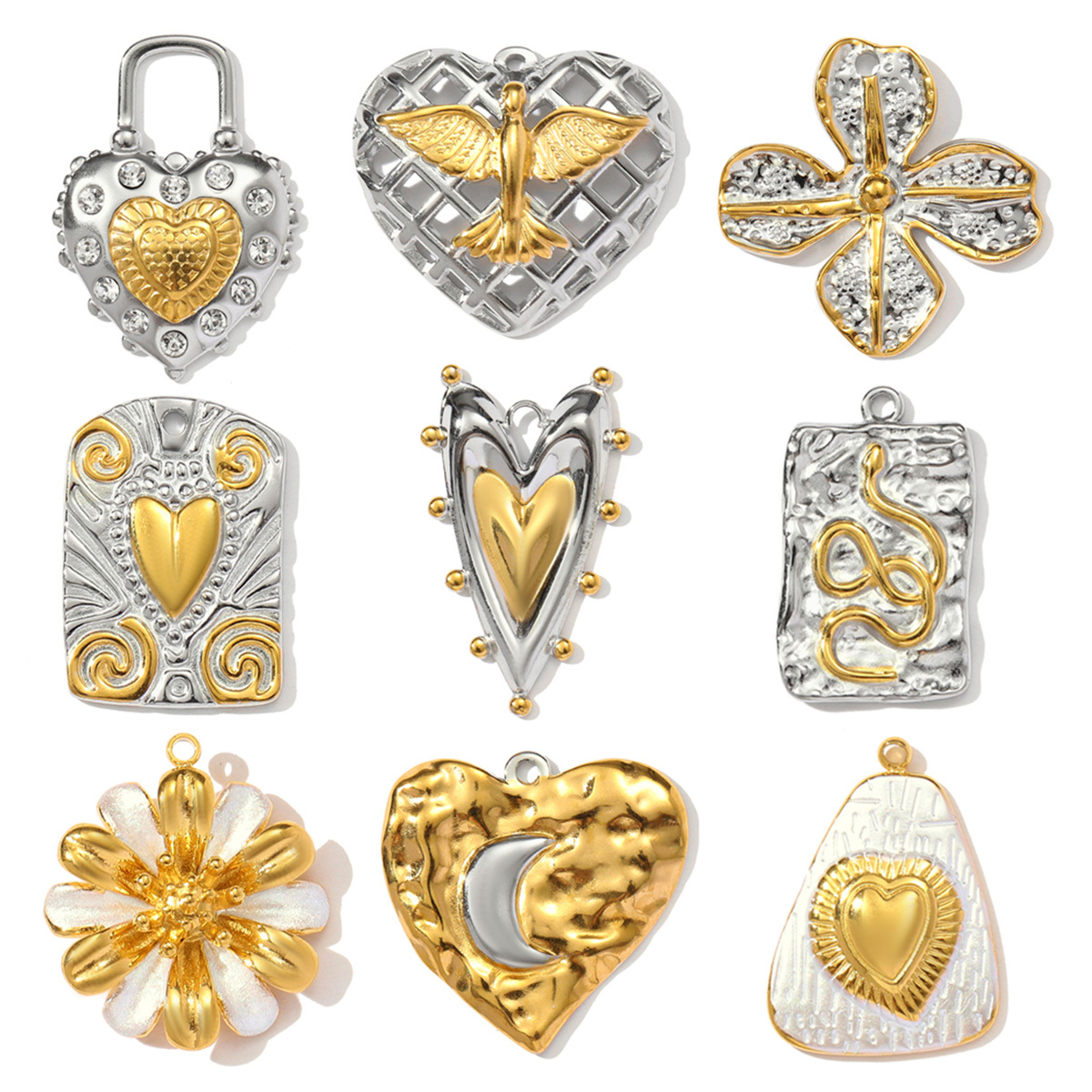6pcs/pack Stainless Steel Two Tone Moon Star Necklace Pendant Eagle Snake Flower DIY Charm Women Love Heart Jewelry
