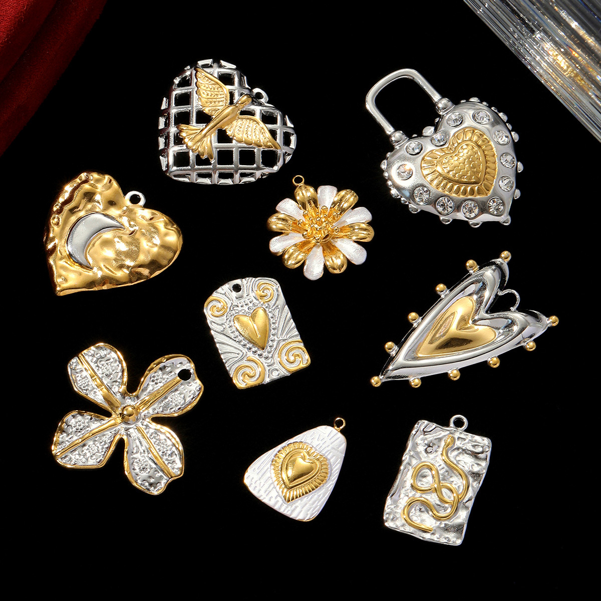 6pcs/pack Stainless Steel Two Tone Moon Star Necklace Pendant Eagle Snake Flower DIY Charm Women Love Heart Jewelry