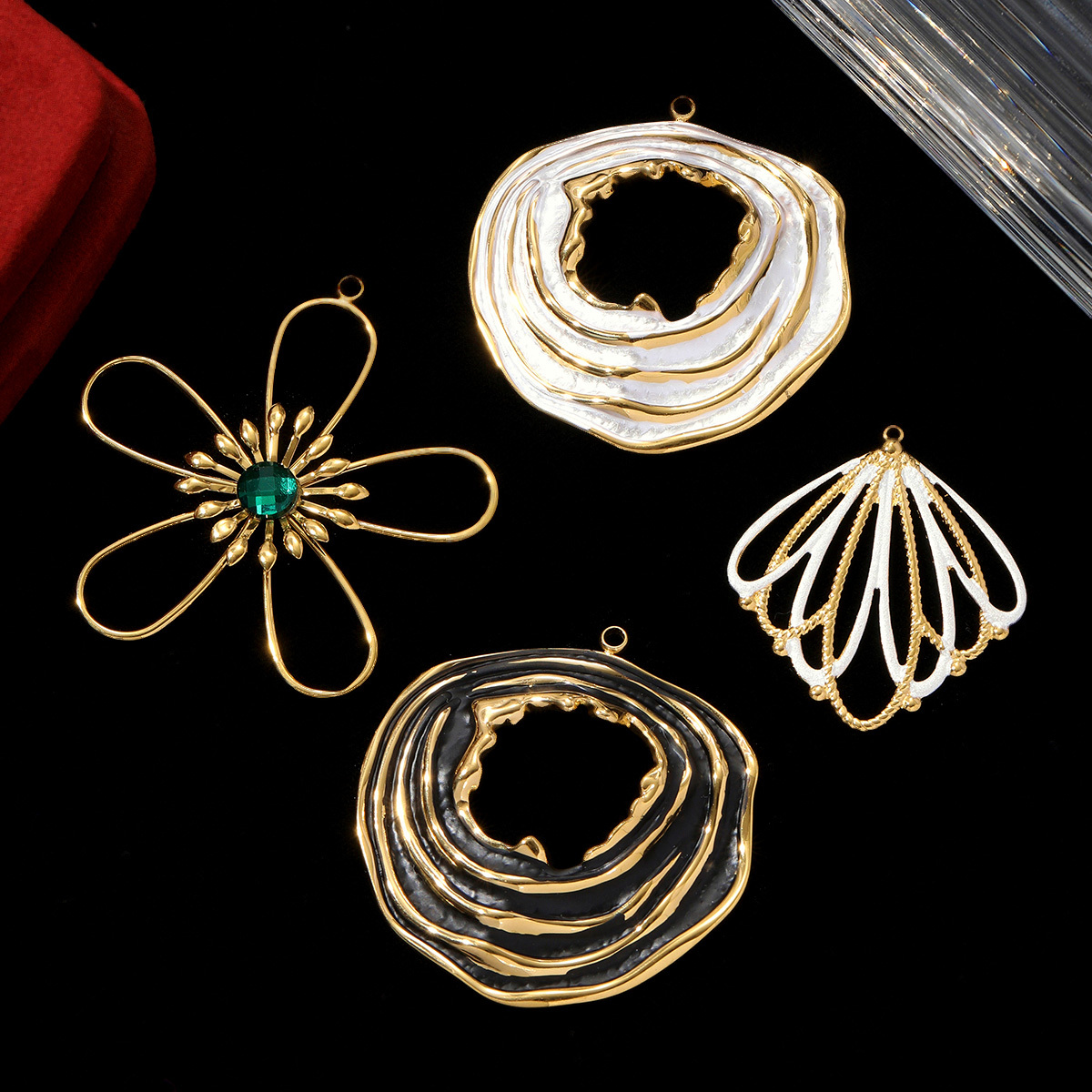 6pcs/pack Stainless Steel Enamel Flower Necklace Pendant Gemotric Big size Swirl DIY Earring Charm Women Hollow Leaf Jewelry