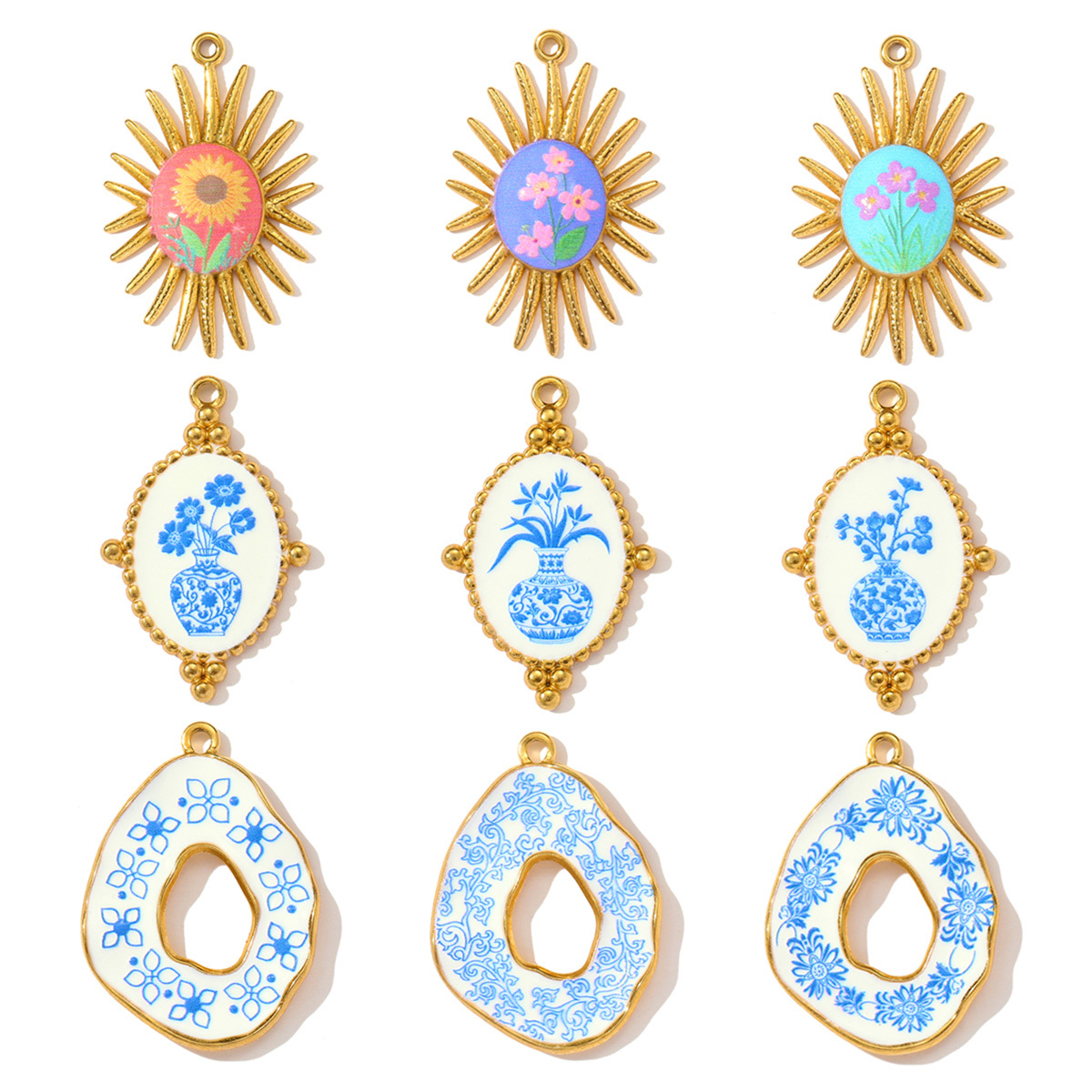 6pcs/pack Retro Stainless Steel UV Enamel Blue and White Porcelain Necklace Pendant Sun Flower DIY Earring Charm Women Jewelry