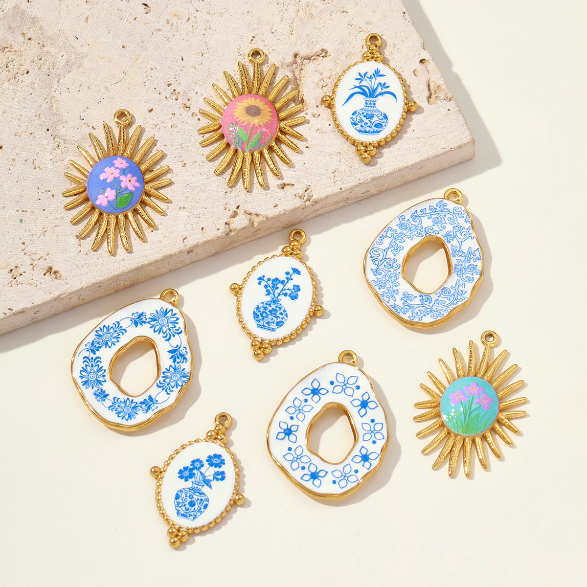 6pcs/pack Retro Stainless Steel UV Enamel Blue and White Porcelain Necklace Pendant Sun Flower DIY Earring Charm Women Jewelry