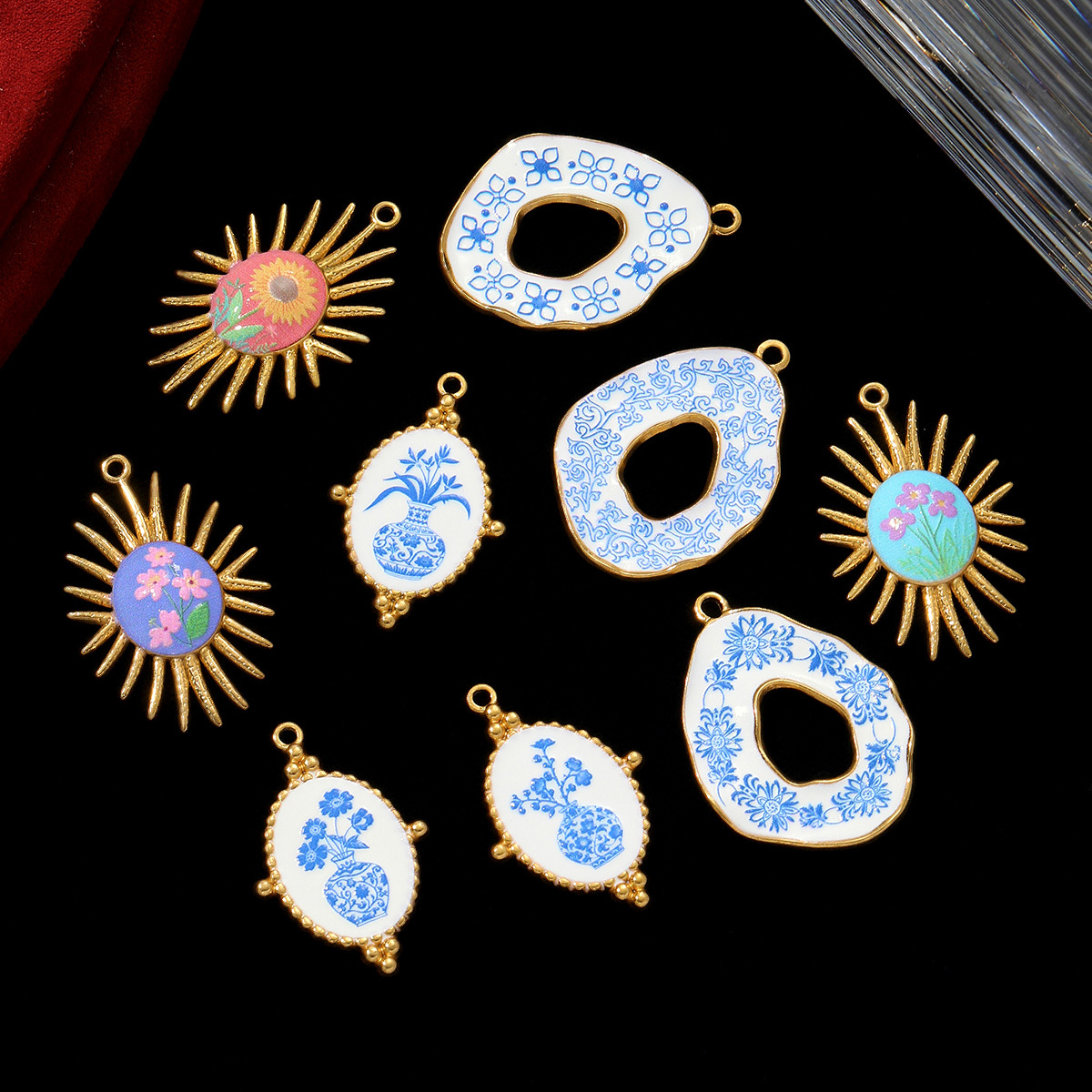 6pcs/pack Retro Stainless Steel UV Enamel Blue and White Porcelain Necklace Pendant Sun Flower DIY Earring Charm Women Jewelry