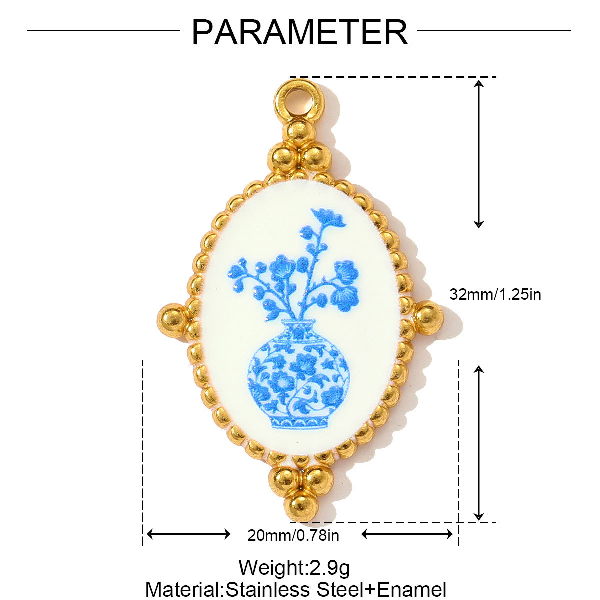 6pcs/pack Retro Stainless Steel UV Enamel Blue and White Porcelain Necklace Pendant Sun Flower DIY Earring Charm Women Jewelry