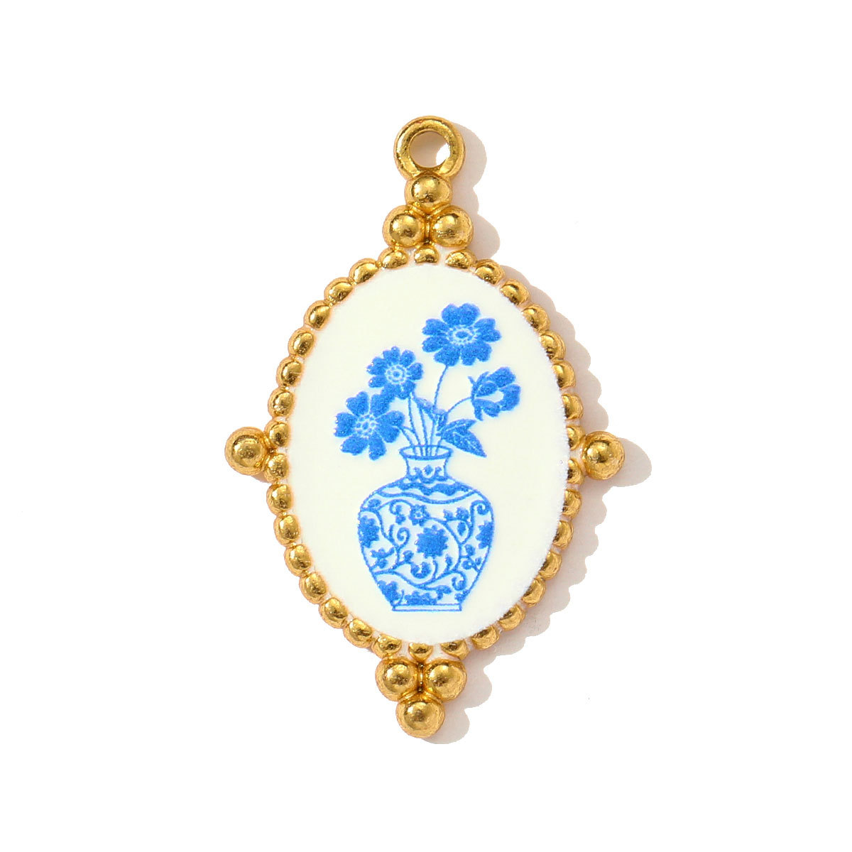 6pcs/pack Retro Stainless Steel UV Enamel Blue and White Porcelain Necklace Pendant Sun Flower DIY Earring Charm Women Jewelry