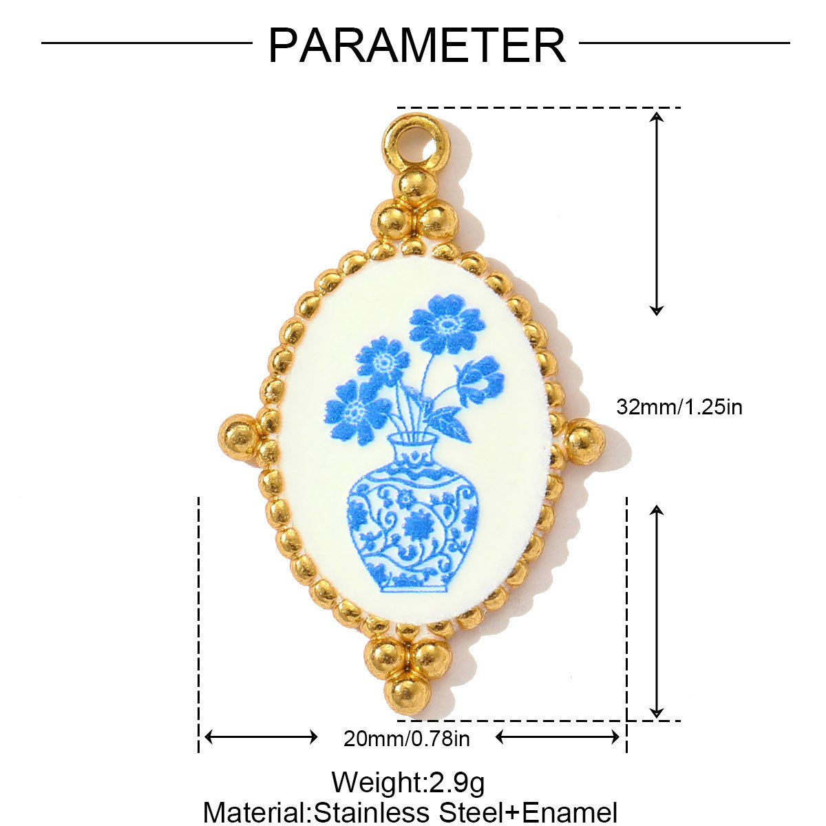 6pcs/pack Retro Stainless Steel UV Enamel Blue and White Porcelain Necklace Pendant Sun Flower DIY Earring Charm Women Jewelry