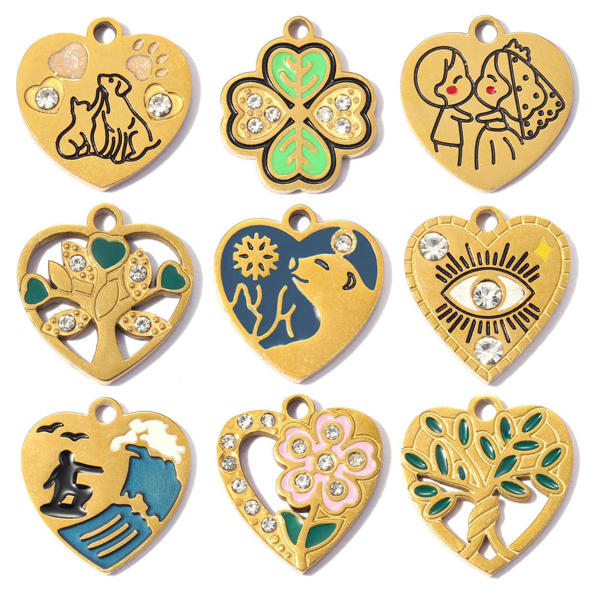 6pcs/pack Stainless Steel Clover Life Tree Flower DIY Bracelet Charms Lover Dog Cat Bear Necklace Pendants Woman Eye Heart Shoe Accessory