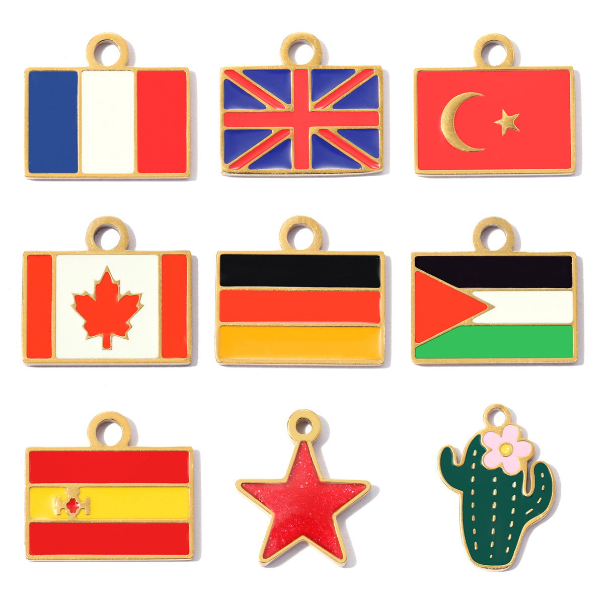 6pcs/pack Stainless Steel Turkey French Flag DIY Bracelet Charms UK Canada Spain Necklace Pendants Woman Star Cactus Jewelry Wholesale