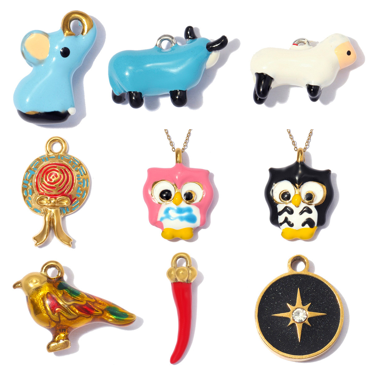 6pcs/pack Stainless Steel Enamel Mouse Sheep Cow DIY Bracelet Charms Bird Owl Necklace Pendants Woman Chill Star Shoe Accessory