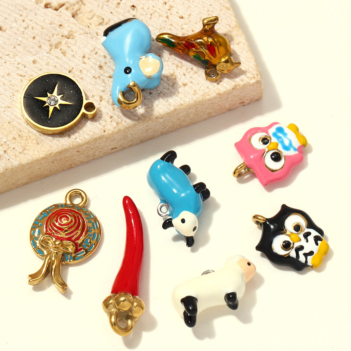 6pcs/pack Stainless Steel Enamel Mouse Sheep Cow DIY Bracelet Charms Bird Owl Necklace Pendants Woman Chill Star Shoe Accessory
