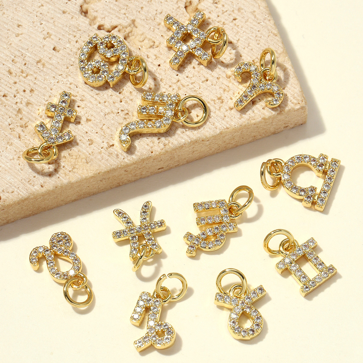 6pcs/pack Copper Zircon Zodiac Signs DIY Bracelet Charms Libra Leo Sagittarius Necklace Pendants Woman 18K Real Gold Jewelry Wholesale