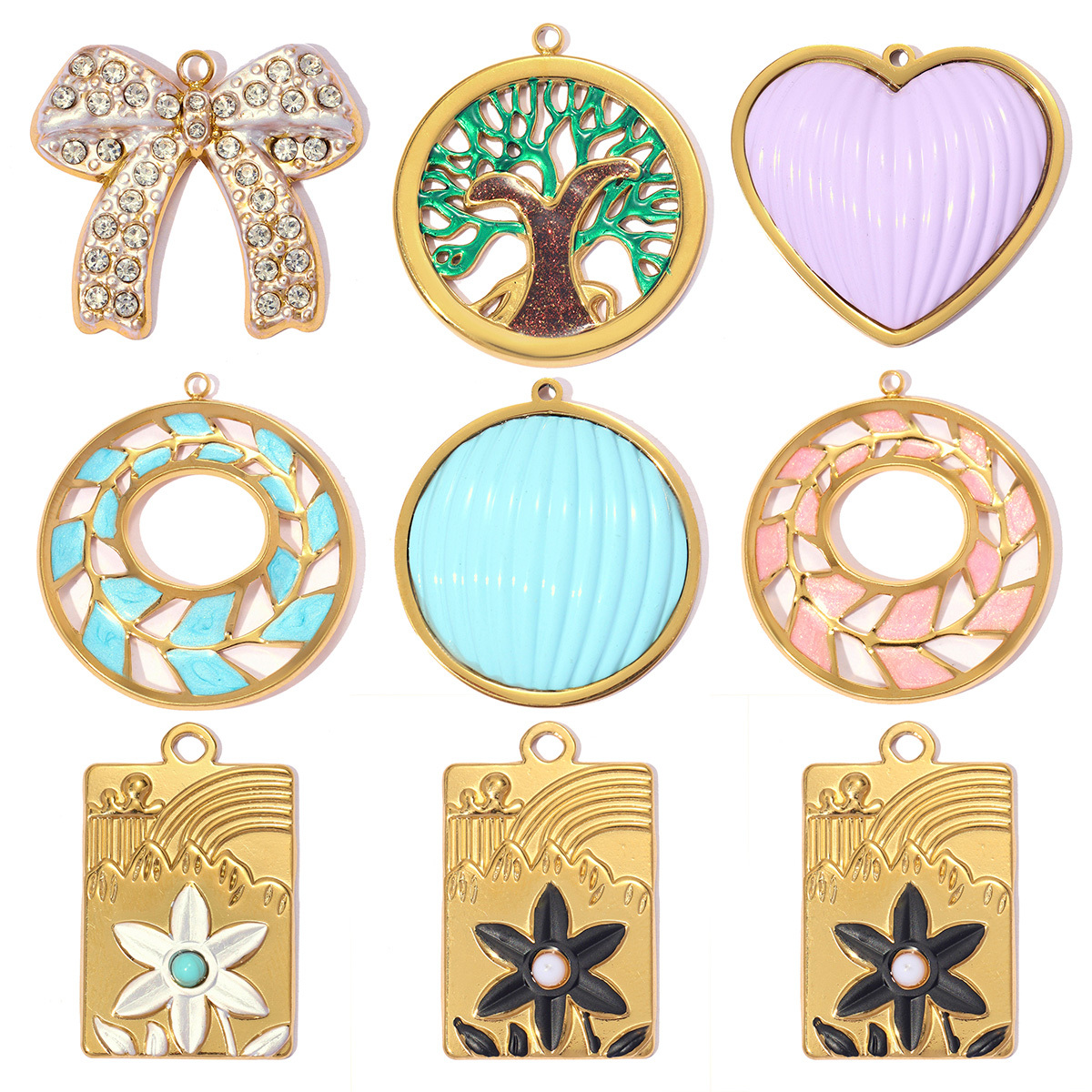 6pcs/pack Stainless Steel Rhinestone Bow Knot DIY Charms Enamel Montain Flower Necklace Pendants Woman Life Tree Jewelry Wholesale