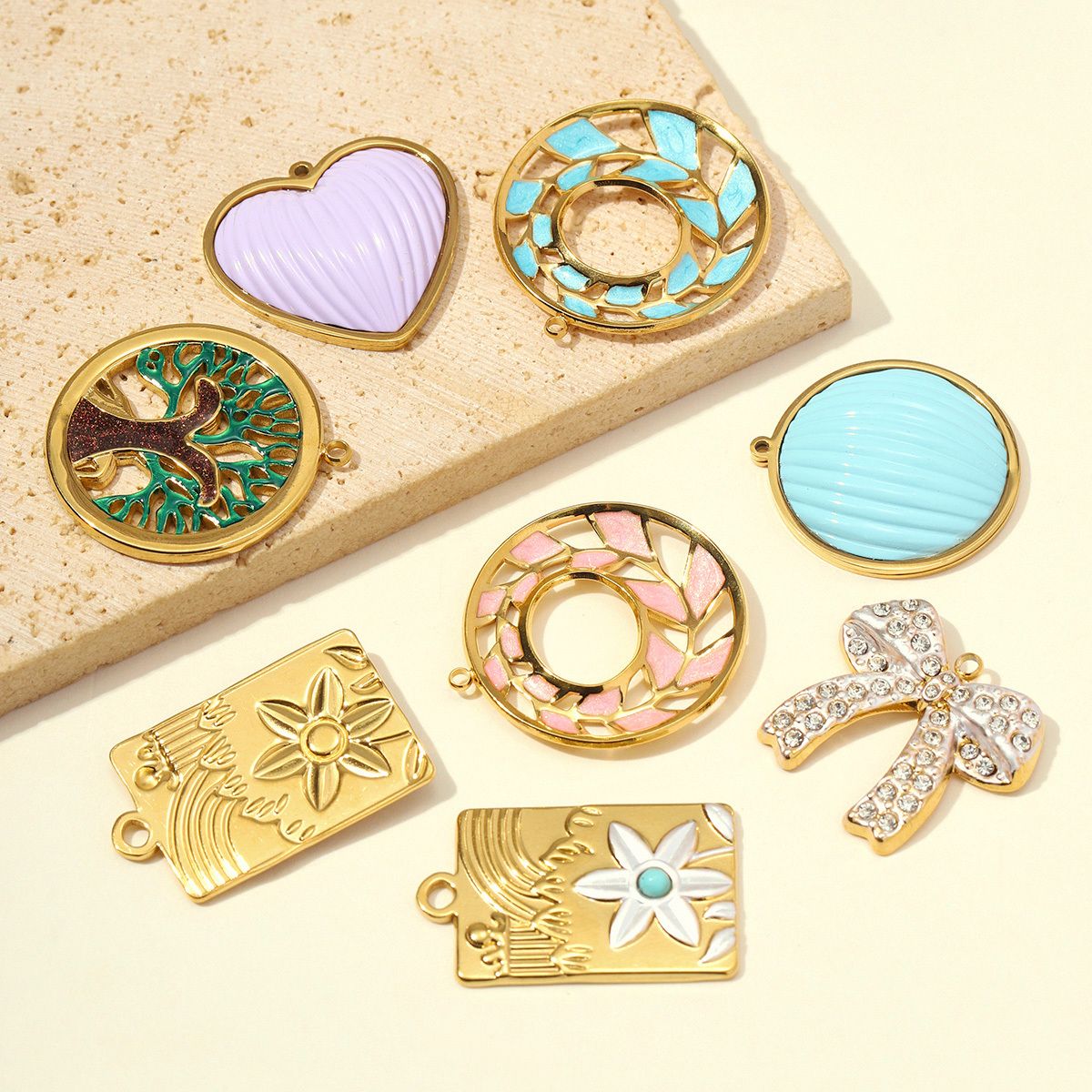 6pcs/pack Stainless Steel Rhinestone Bow Knot DIY Charms Enamel Montain Flower Necklace Pendants Woman Life Tree Jewelry Wholesale