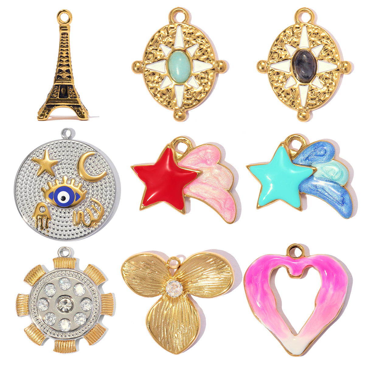 6pcs/pack Stainless Steel Eiffel Tower Flower DIY Charms Two Tone Star Sun Moon Necklace Pendants Woman Heart Jewelry Wholesale