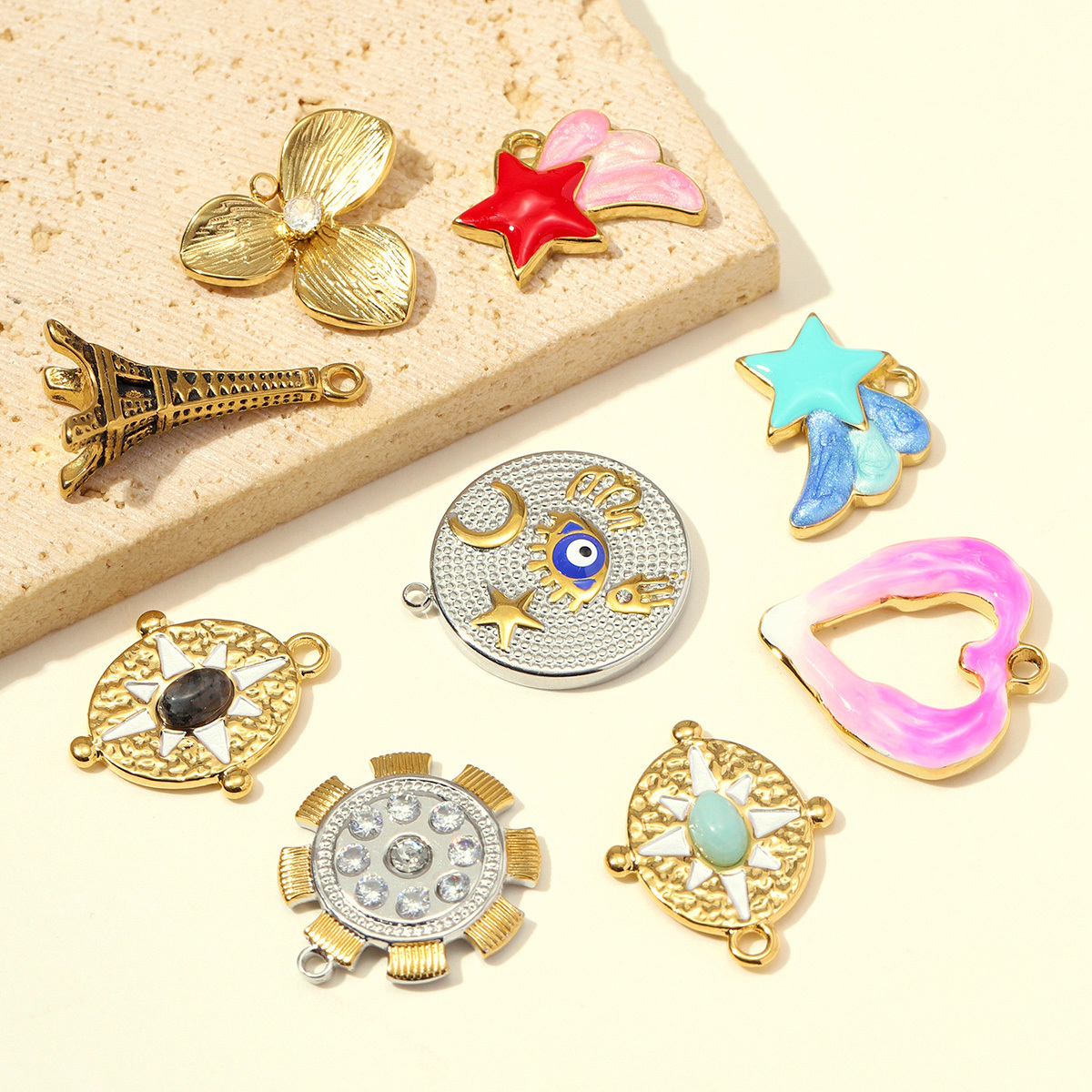 6pcs/pack Stainless Steel Eiffel Tower Flower DIY Charms Two Tone Star Sun Moon Necklace Pendants Woman Heart Jewelry Wholesale