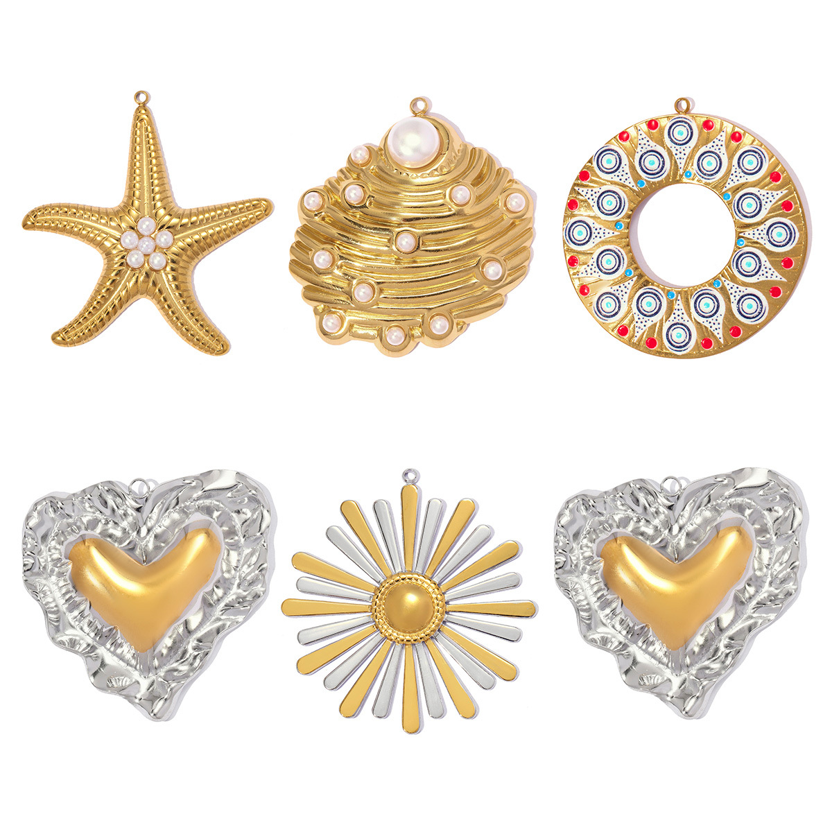 6pcs/pack Stainless Steel Two Tone Daisy Flower DIY Charms Love Heart Starfish Necklace Pendants Woman Shell Jewelry Wholesale