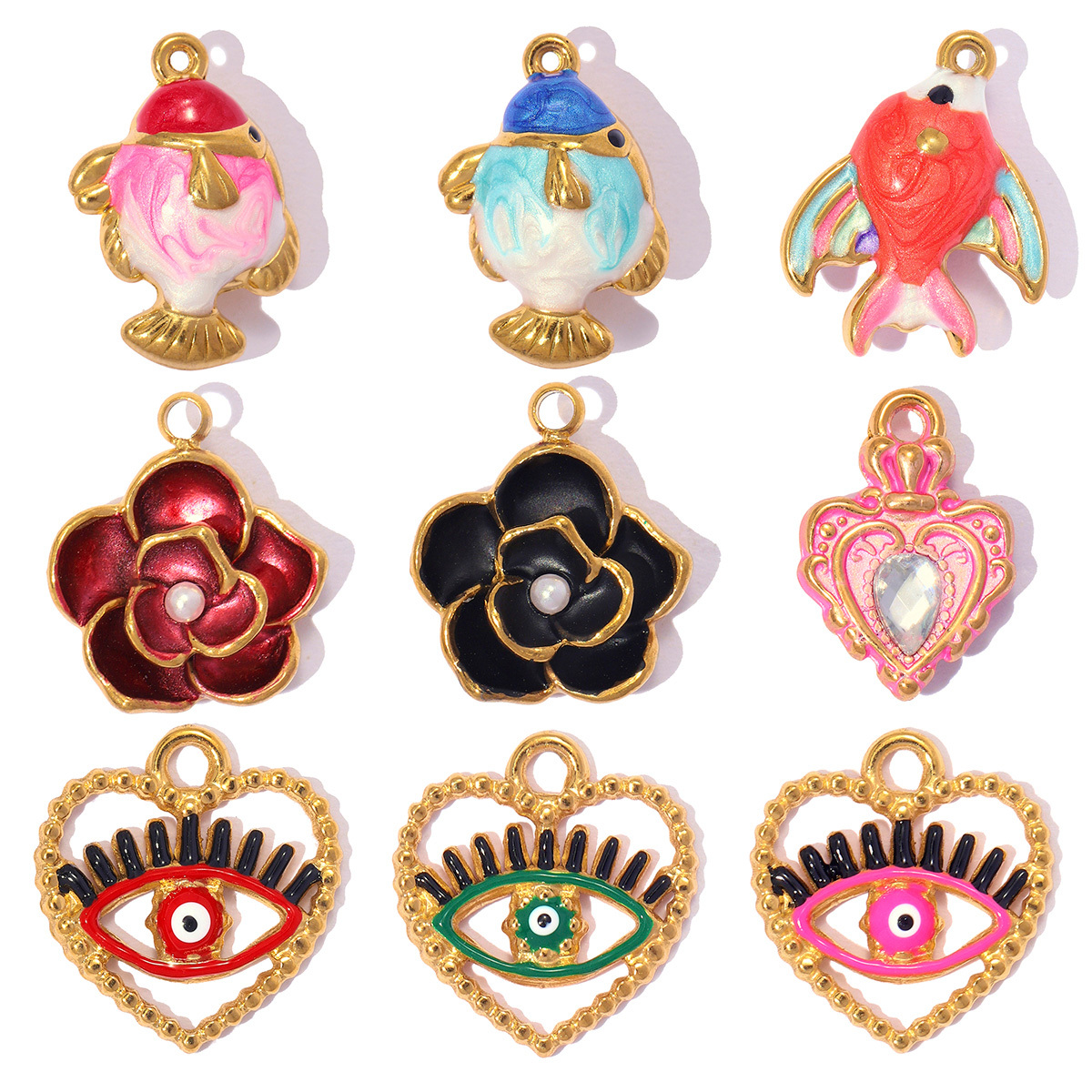 6pcs/pack Stainless Steel ABS Pearl Flower DIY Charm Crown Heart Necklace Pendant Woman Fish Evil Eye Shoe Accessory Wholesale