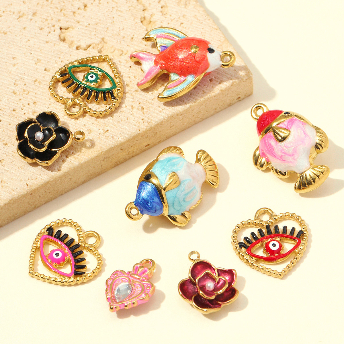 6pcs/pack Stainless Steel ABS Pearl Flower DIY Charm Crown Heart Necklace Pendant Woman Fish Evil Eye Shoe Accessory Wholesale