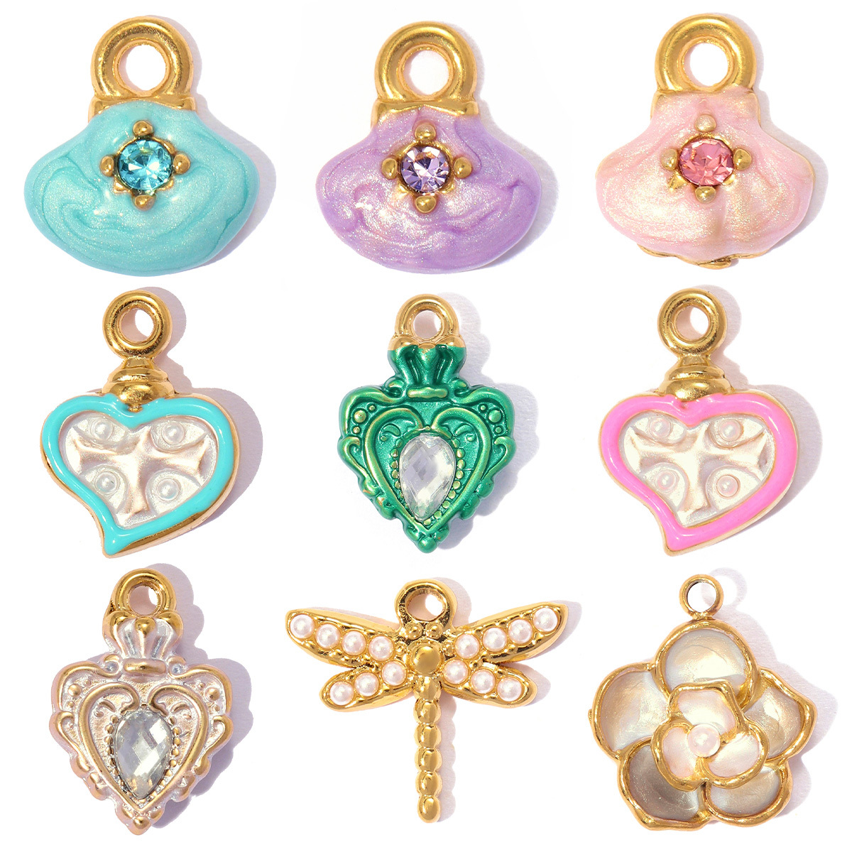 6pcs/pack Stainless Steel Rhinestone Shell DIY Bracelet Charms Dragonfly Heart Necklace Pendants Woman Flower Jewelry Wholesale