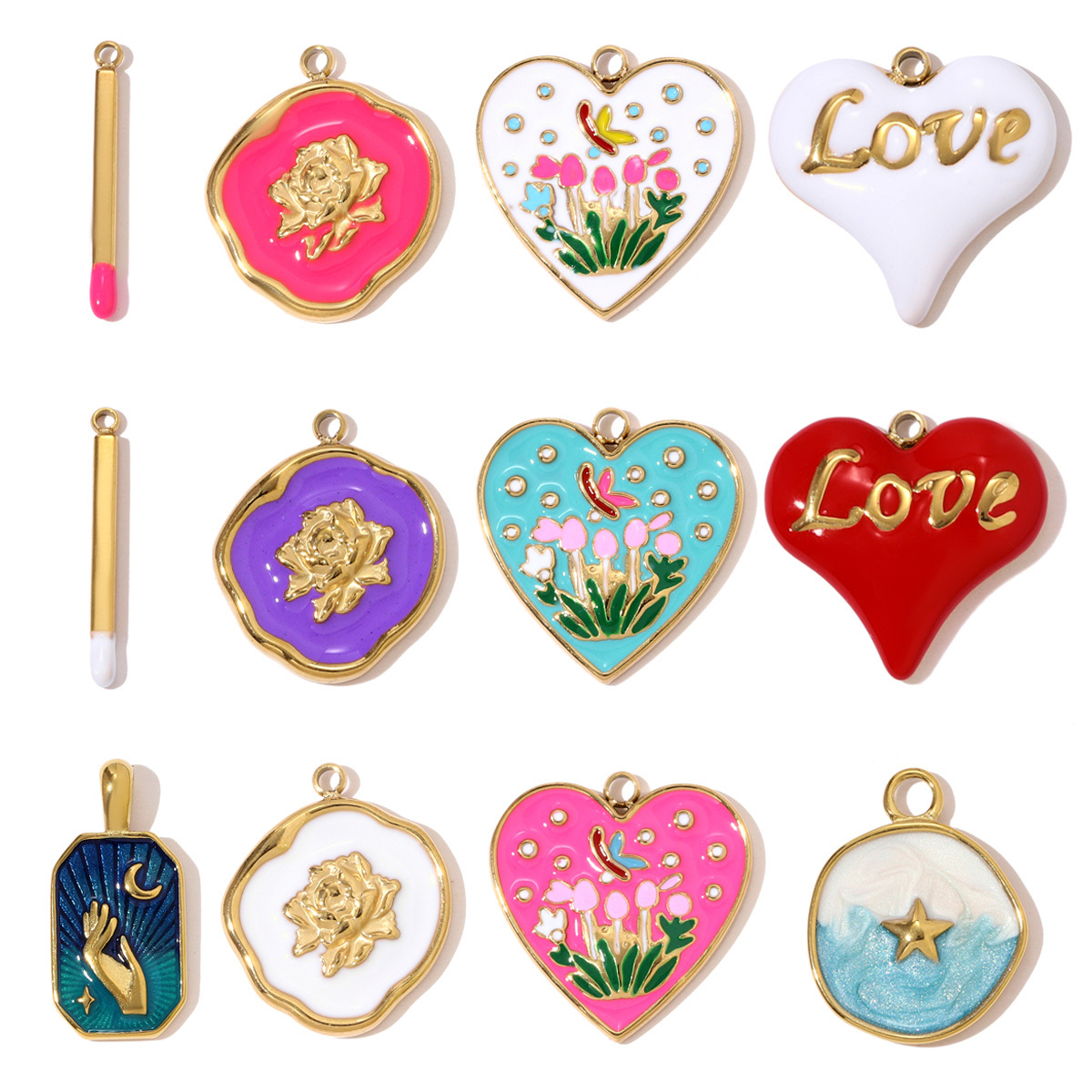 6pcs/pack Stainless Steel Enamel Rose Peony Flower DIY Bracelet Charms Lucky Hand Moon Necklace Pendants Women Heart Match Jewelry