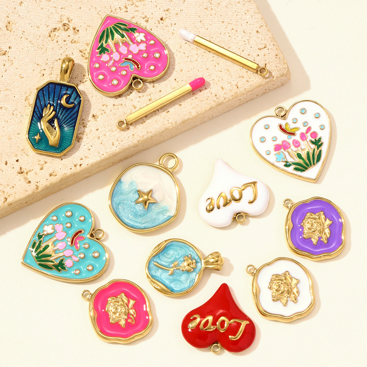 6pcs/pack Stainless Steel Enamel Rose Peony Flower DIY Bracelet Charms Lucky Hand Moon Necklace Pendants Women Heart Match Jewelry