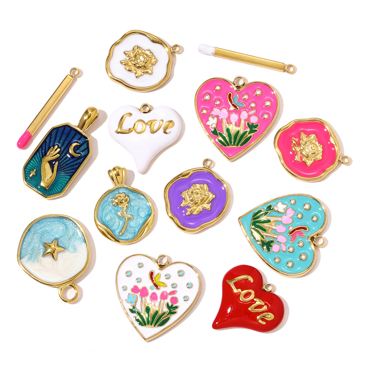 6pcs/pack Stainless Steel Enamel Rose Peony Flower DIY Bracelet Charms Lucky Hand Moon Necklace Pendants Women Heart Match Jewelry