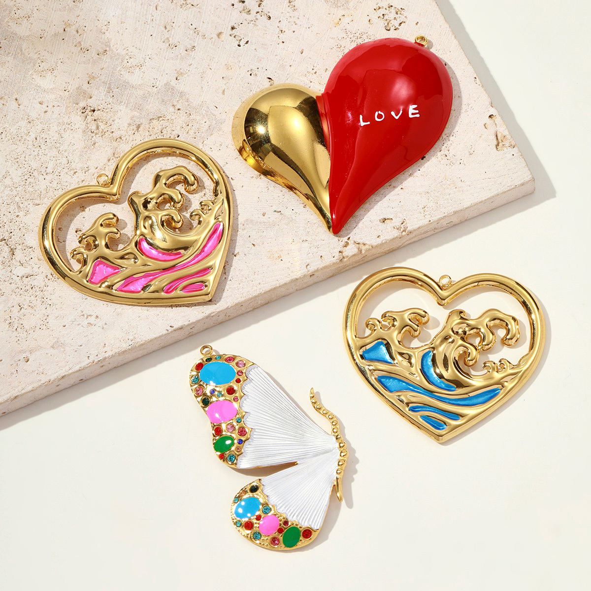 6pcs/pack Frech Retro Stainless Steel Enamel Sea Waves Necklace Pendant Rhinestone Butterfly DIY Charm Women Love Heart Jewelry