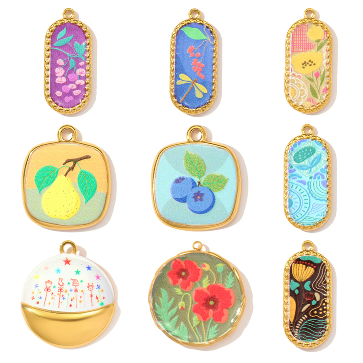 6pcs/pack Stainless Steel Enamel Blue Cherry Pear Necklace Pendant Painted Flower Leaf DIY Charm Women Star Dragonfly Jewelry
